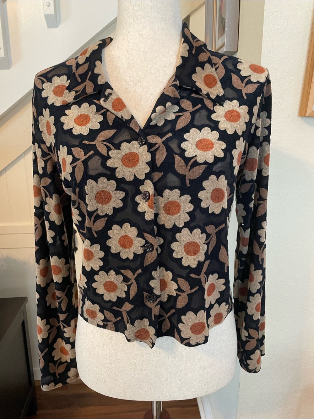 VTG 90s Wanted Clothing Co Devore Mesh Shirt Whimsygoth Retro Floral Top L